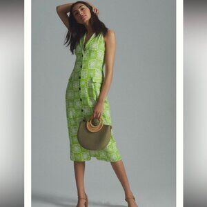 Anthropologie x The Odells Callie Midi Dress Green Linen Blend Size 12